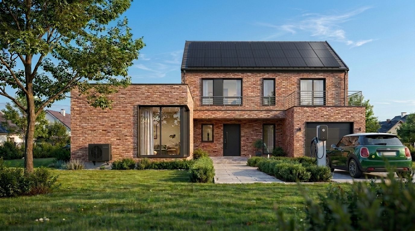 Moderne Belgische woning met zonnepanelen, warmtepomp en laadpaal